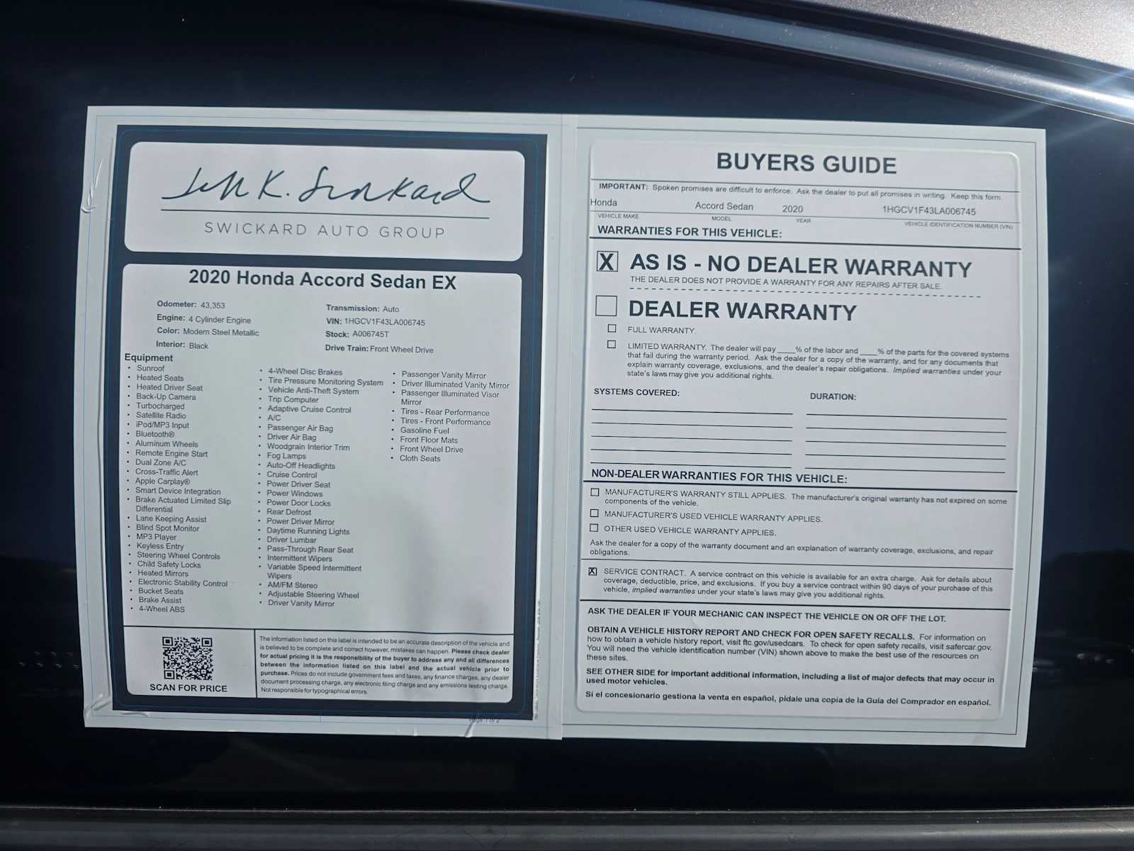 2020 Honda Accord Sedan EX